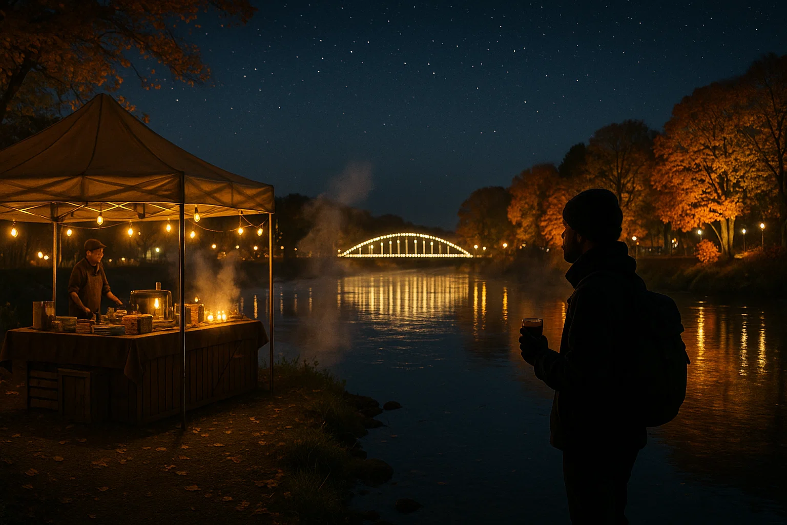 晩秋の十勝川温泉。澄んだ夜空の下、川面に映るイルミネーションの灯りと湯けむり。 手前には屋台風のマルシェテントやホットワインを持つ旅人の姿がシルエットで見える。