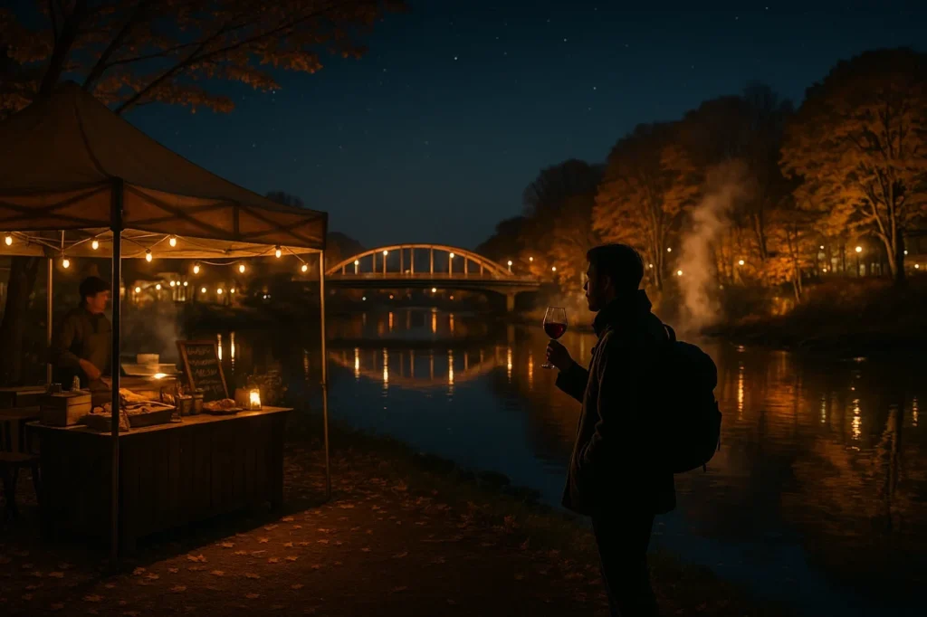 晩秋の十勝川温泉。澄んだ夜空の下、川面に映るイルミネーションの灯りと湯けむり。 手前には屋台風のマルシェテントやホットワインを持つ旅人の姿がシルエットで見える。