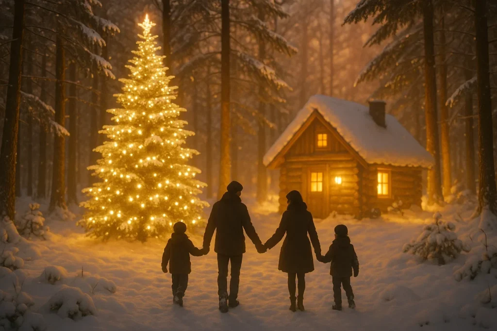 広尾町サンタランド。雪の森の中で光るクリスマスツリーと小さな木の家。 木々の間を暖色の光が包み、家族や恋人が手をつないで歩くシルエット。