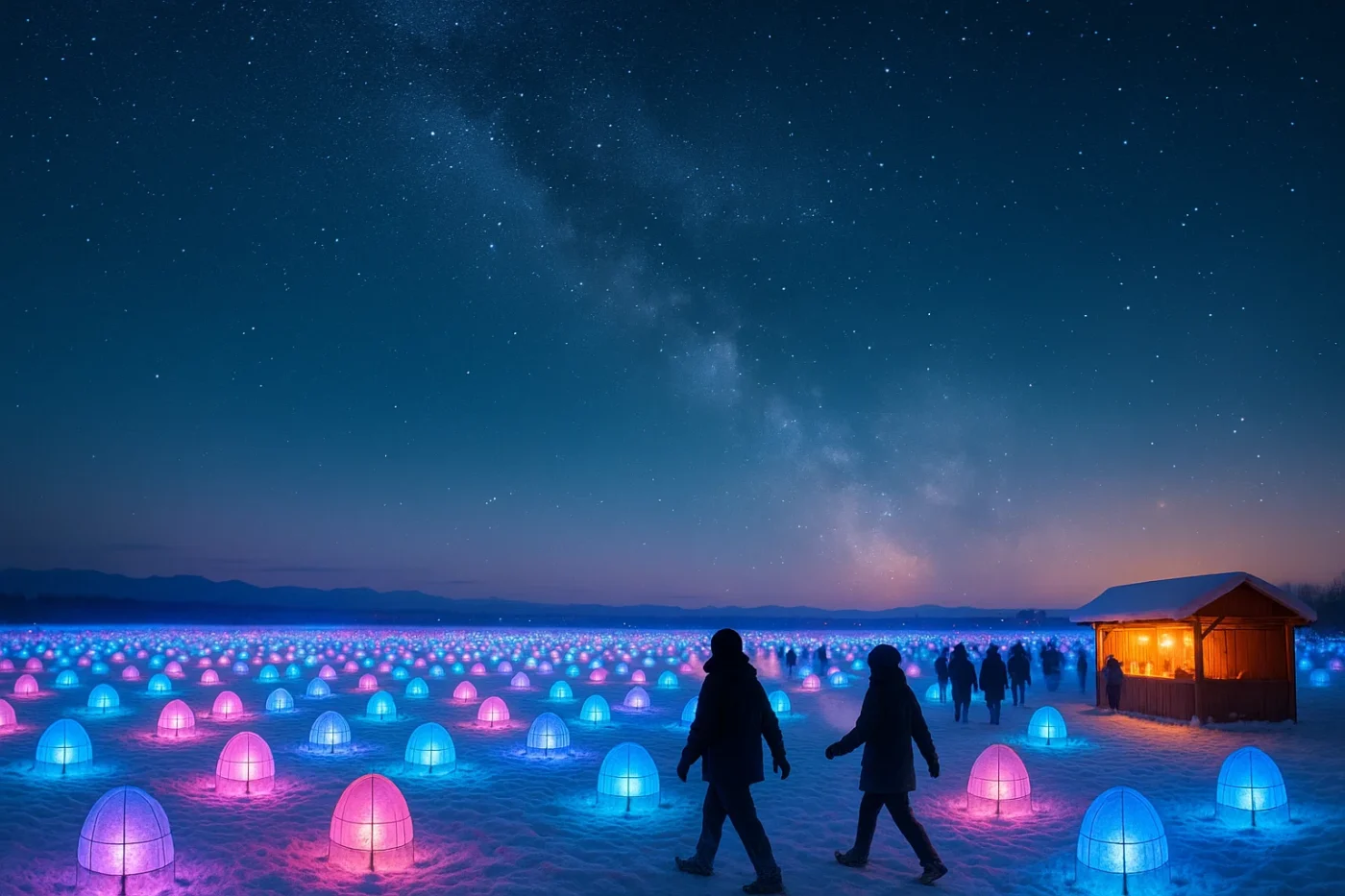 十勝、北海道の息をのむような冬の夜景。農業資材で作られた何千もの色とりどりの光のオブジェに照らされた広大な雪原。「彩凛華」と呼ばれる魔法のようなイルミネーション祭り。