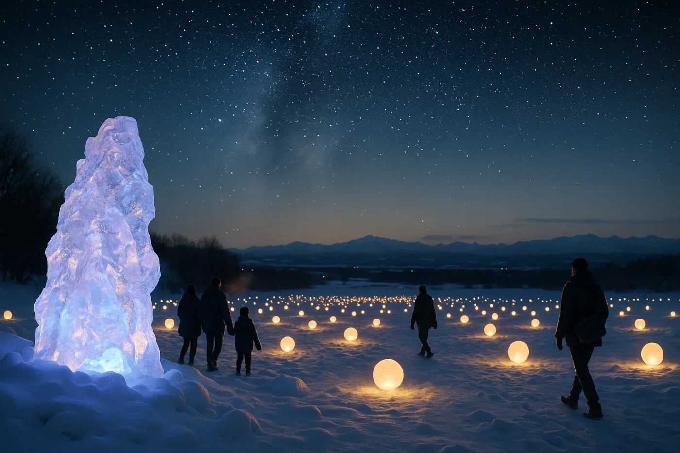 北海道十勝の息を呑むような冬の夜景。前景には柔らかな青と紫の光で照らされた氷の彫刻があり、雪に覆われた大地に浮かぶ何百もの光の球体が散りばめられている。中景には家族連れや旅人のシルエットが光の風景の中をゆっくりと歩き、冷たい空気の中で息が白く見える。